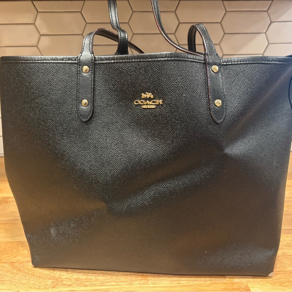 Reversible Coach Leather Tote Black/Red Poppy